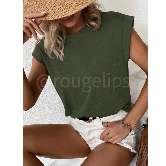 Army Green Crew Neck Muscle Tee Top Shirt Cap Sleeve, Round Neck - Picture 5 of 11